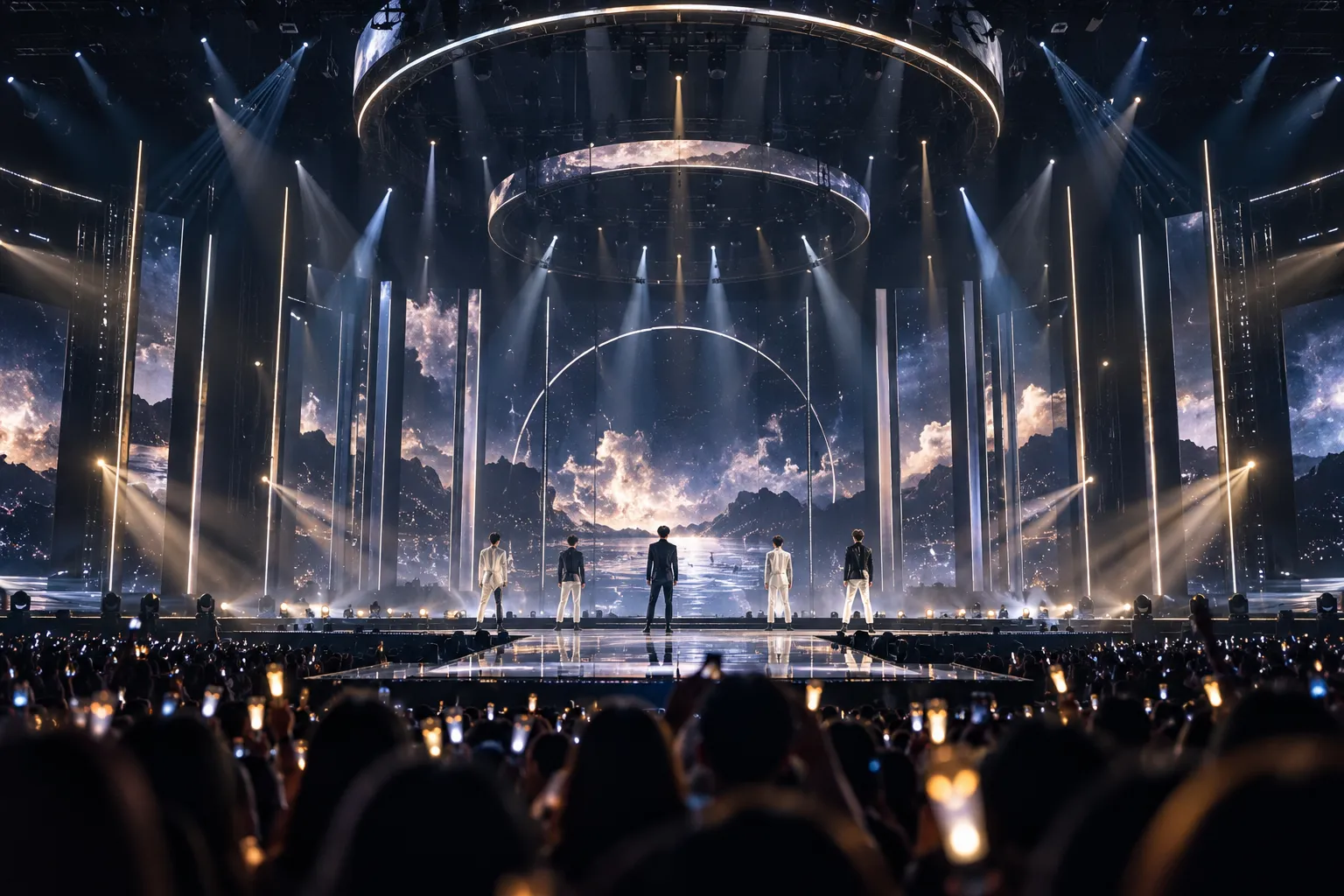 A concept image of a K-pop concert stage, lighting and audience