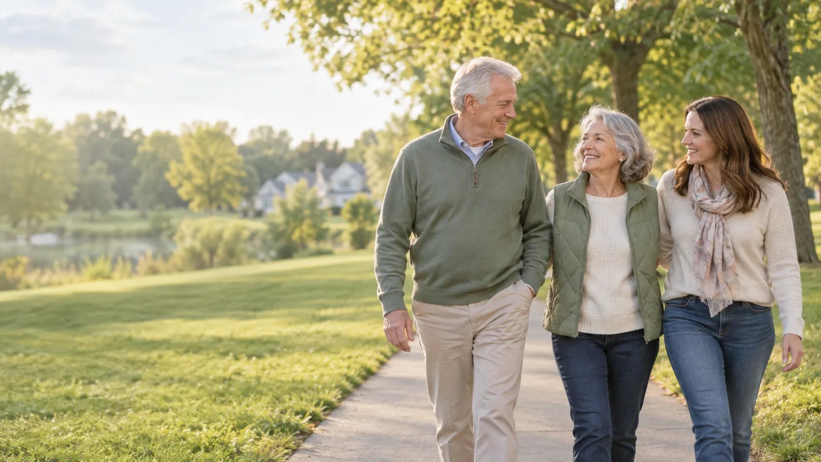 Concept image of a family walking in an American neighborhood park