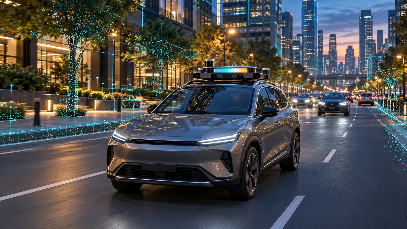 Concept image of rooftop vehicle sensors collecting road and environmental data in a city
